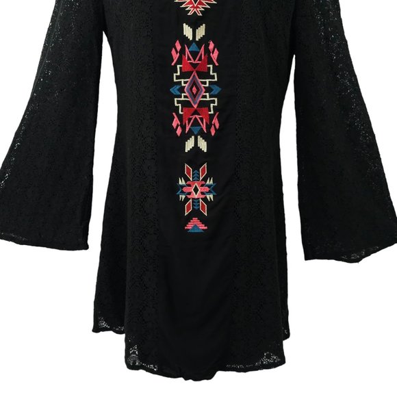 Flying Tomato Aztec Boho Tunic Top Mini Dress Long Bell Sleeve Sz M Black Lace - Picture 11 of 16